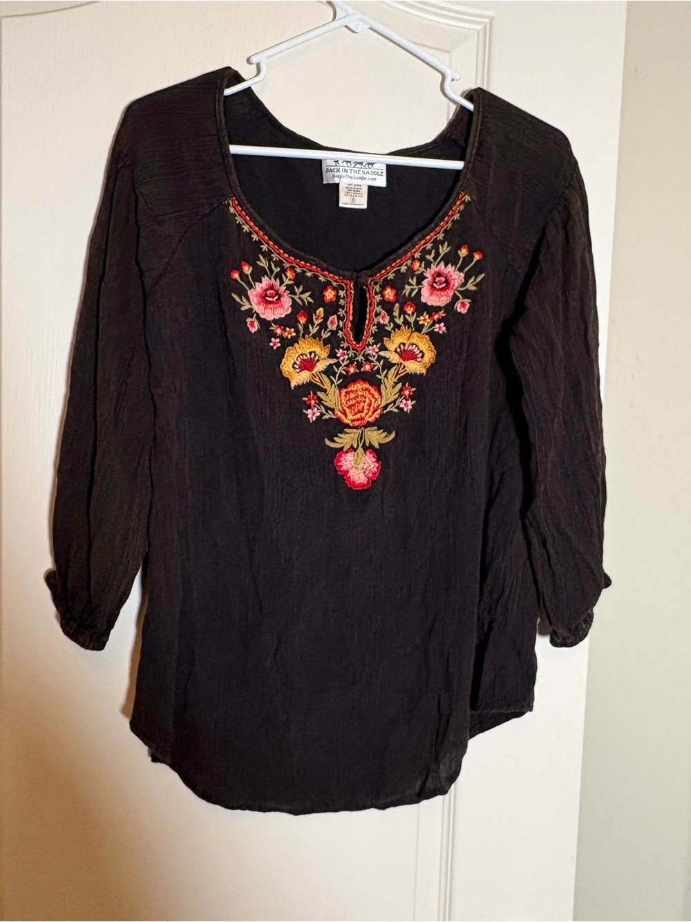 Back in the Saddle Floral Embroidered Western Boho Blouse Black S
